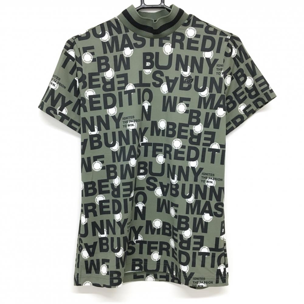 【超美品】マスターバニー 半袖ハイネックシャツ カーキ×黒 ロゴ総柄 レディース 2(L) ゴルフウェア 2024年モデル MASTER BUNNY EDITION