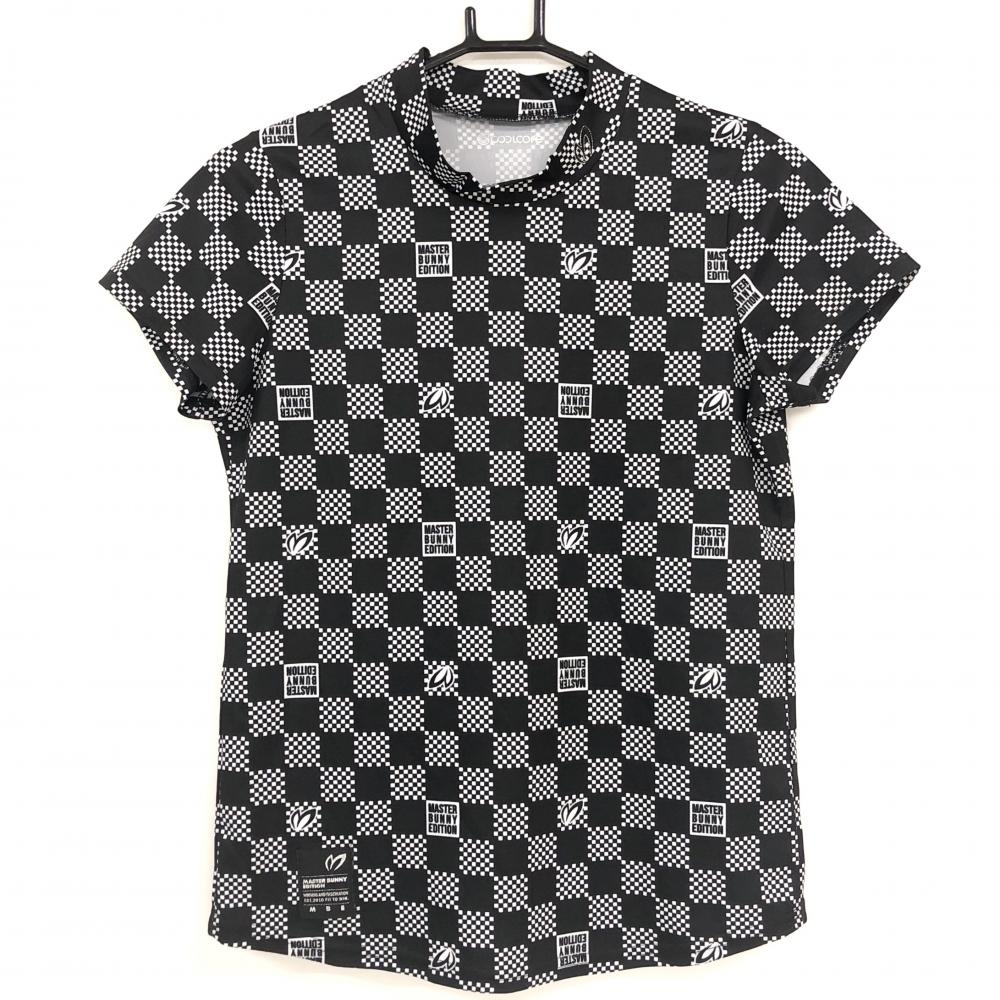 【超美品】マスターバニー 半袖ハイネックシャツ 黒×白 総柄 ブロックチェック  レディース 1(M) ゴルフウェア MASTER BUNNY EDITION