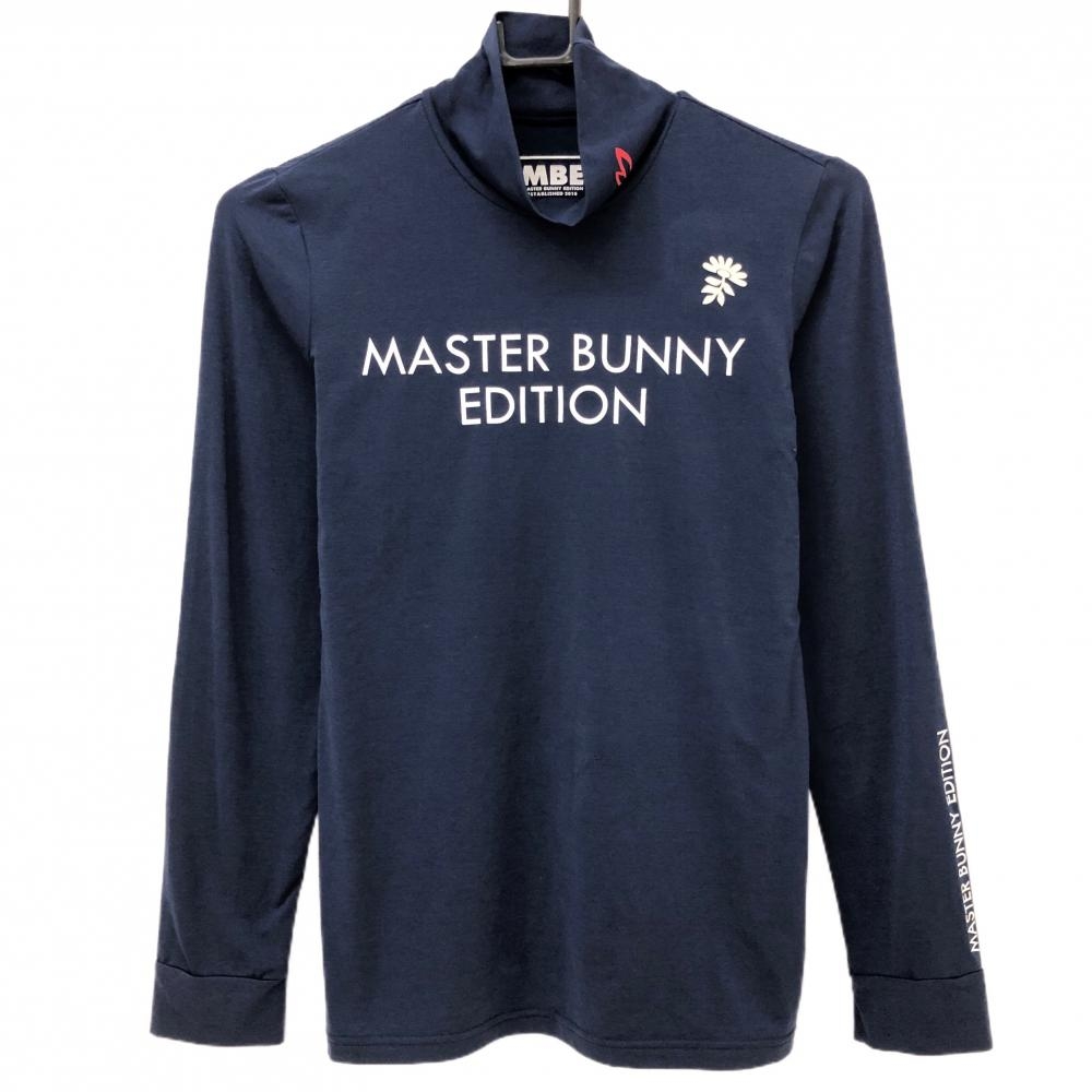 【美品】マスターバニー 長袖ハイネックシャツ ネイビー×白 花フロッキープリント レディース 0(S) ゴルフウェア MASTER BUNNY EDITION