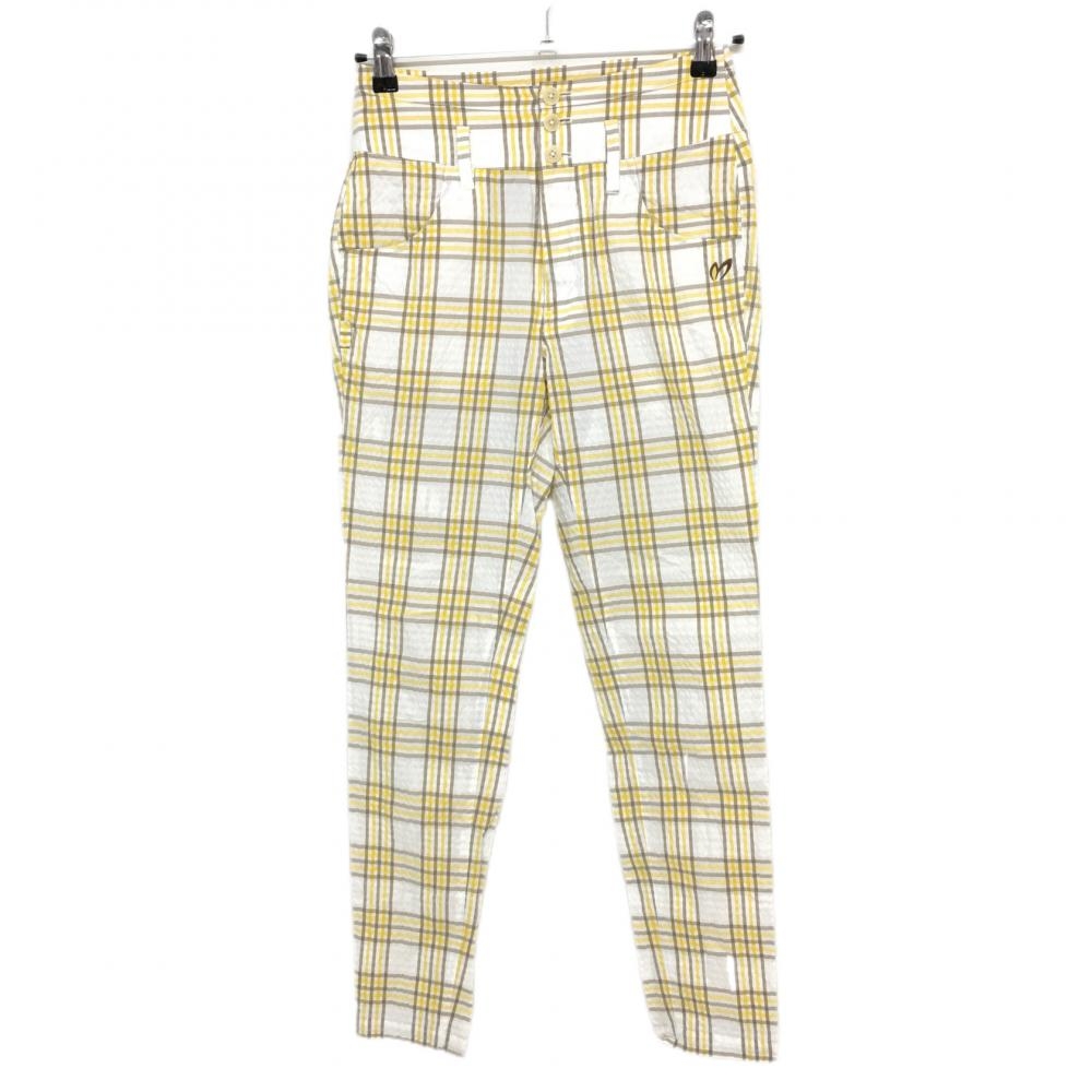 【美品】マスターバニー パンツ 白×イエロー チェック サッカー生地  レディース 0(S) ゴルフウェア MASTER BUNNY EDITION