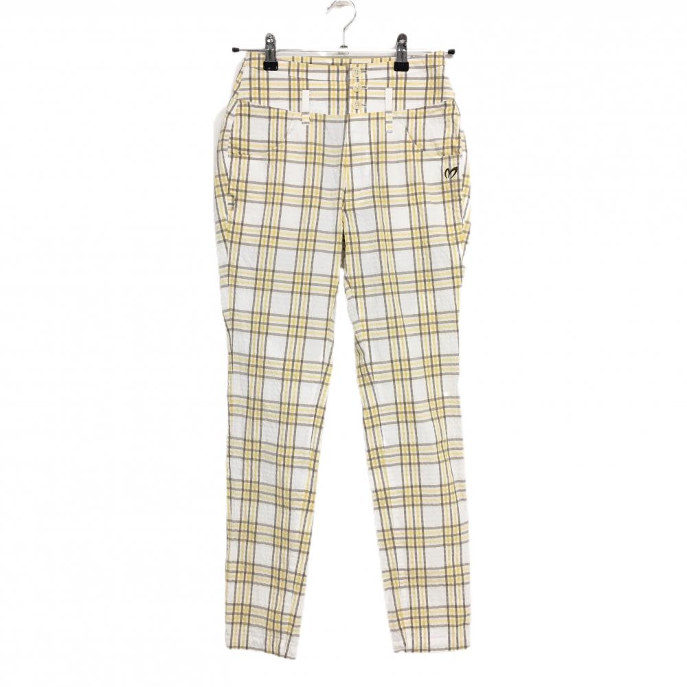 【超美品】マスターバニー パンツ 白×イエロー チェック サッカー生地 薄手 レディース 0(S) ゴルフウェア MASTER BUNNY EDITION