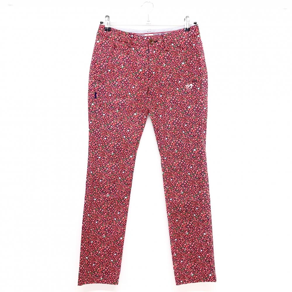 【超美品】マスターバニー パンツ レッドピンク系×グリーン×白 小花柄 ロゴ白 レディース 0(S) ゴルフウェア MASTER BUNNY EDITION