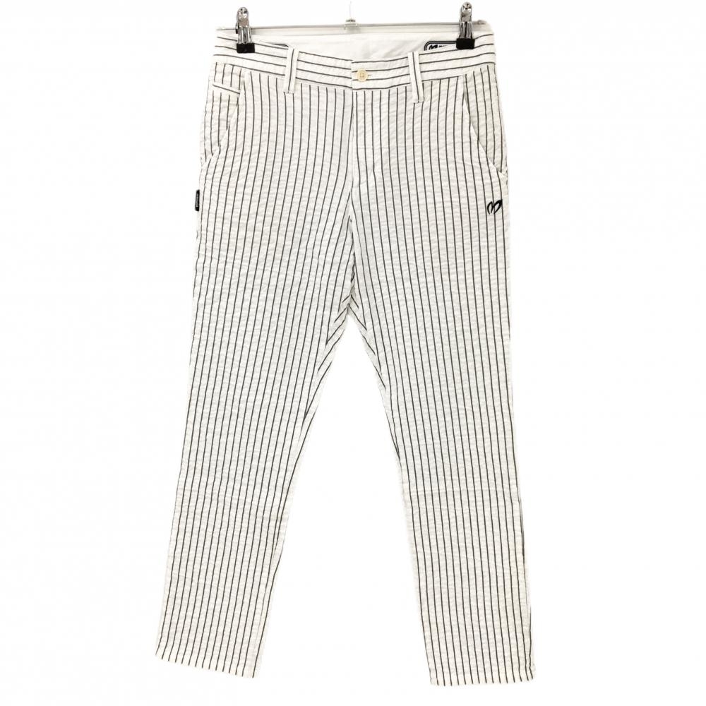 【美品】マスターバニー パンツ 白×グレー ストライプ サッカー生地風  レディース 1(M) ゴルフウェア MASTER BUNNY EDITION