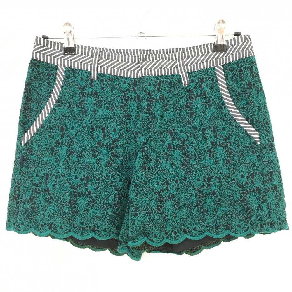 【超美品】マスターバニー ショートパンツ 黒×グリーン 花柄編み 一部斜めストライプ レディース 2(L) ゴルフウェア MASTER BUNNY EDITION