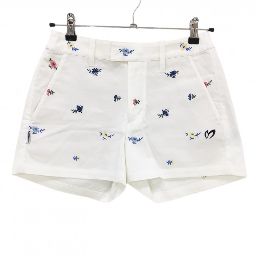 【超美品】マスターバニー ショートパンツ 白×ブルー 花刺しゅう柄 レディース 0(S) ゴルフウェア MASTER BUNNY EDITION
