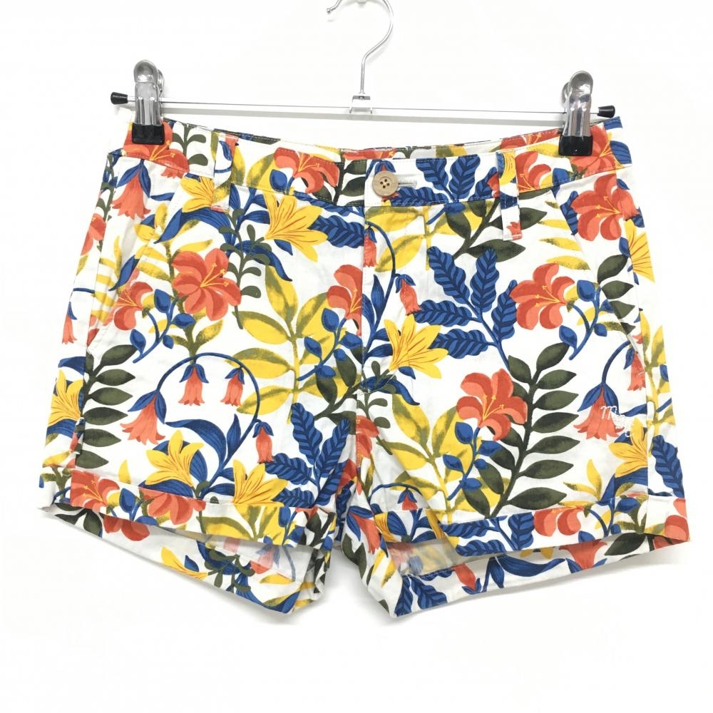 【美品】マスターバニー ショートパンツ 白×レッド×イエロー 花柄 麻混 レディース 0(S) ゴルフウェア MASTER BUNNY EDITION