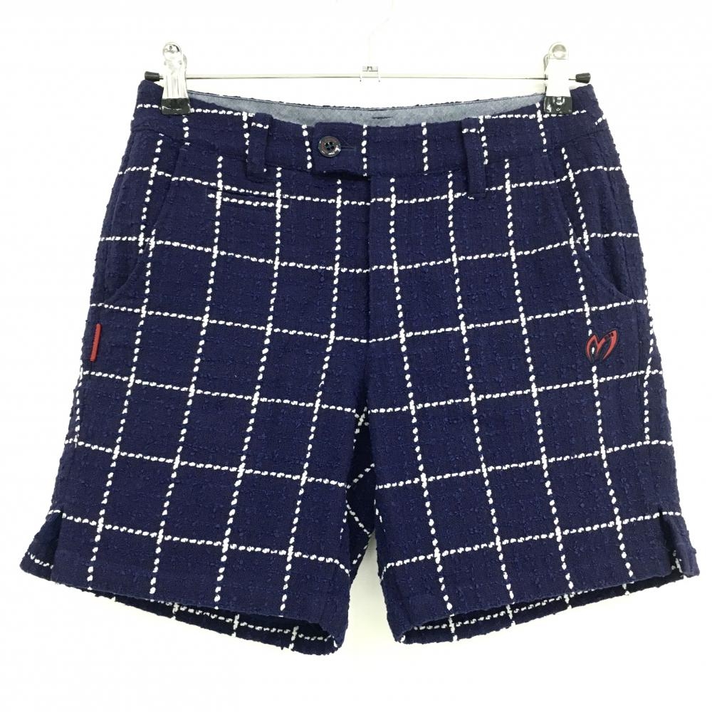 【美品】マスターバニー ショートパンツ ネイビー×白 格子チェック 凹凸生地 裏地付 レディース 0(S) ゴルフウェア MASTER BUNNY EDITION