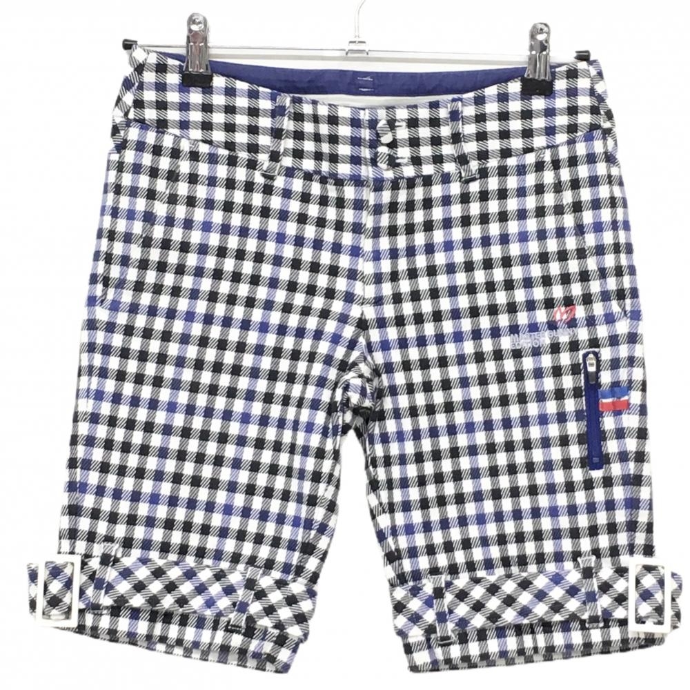 【美品】マスターバニー ハーフパンツ 白×ネイビー×ブルー チェック ストレッチ レディース 0(S) ゴルフウェア MASTER BUNNY EDITION
