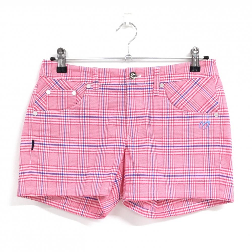 【超美品】マスターバニー ショートパンツ ピンク×白×ブルー チェック ロゴ刺しゅう レディース 1(M) ゴルフウェア MASTER BUNNY EDITION