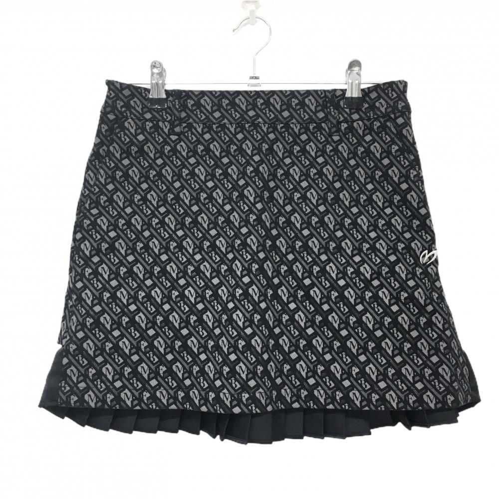 【超美品】マスターバニー スカート 黒×グレージュ ロゴ総柄 後裾プリーツ レディース 0(S) ゴルフウェア MASTER BUNNY EDITION