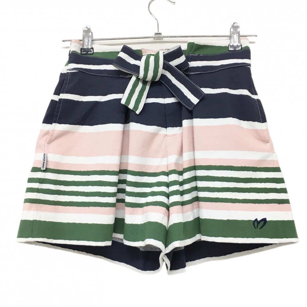 【美品】マスターバニー キュロットスカート ネイビー×ピンク ボーダー 共布リボン レディース 1(M) ゴルフウェア MASTER BUNNY EDITION