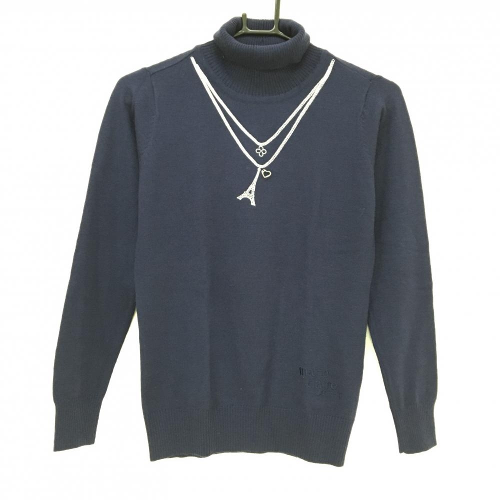 【美品】マリクレールスポール タートルネックセーター ネイビー×シルバー ニット  レディース M ゴルフウェア marie claire