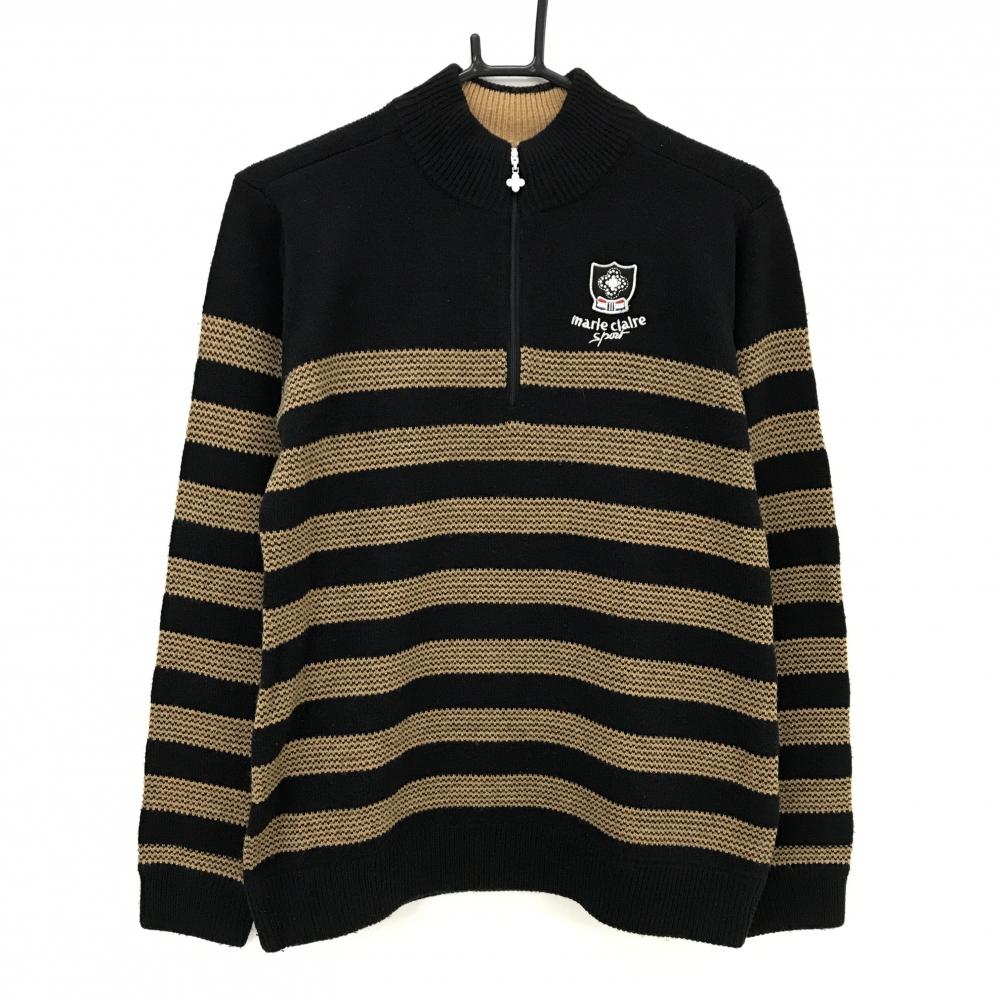 【美品】マリクレールスポール ハイネックセーター 黒×ライトブラウン ボーダー ワッペン  レディース LL ゴルフウェア marie claire