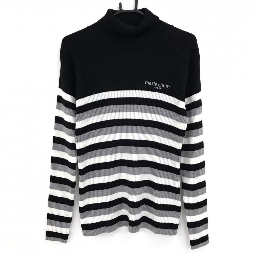 【超美品】マリクレールスポール タートルネックセーター 黒×白 ボーダー柄 ロゴ刺しゅう レディース L ゴルフウェア marie claire