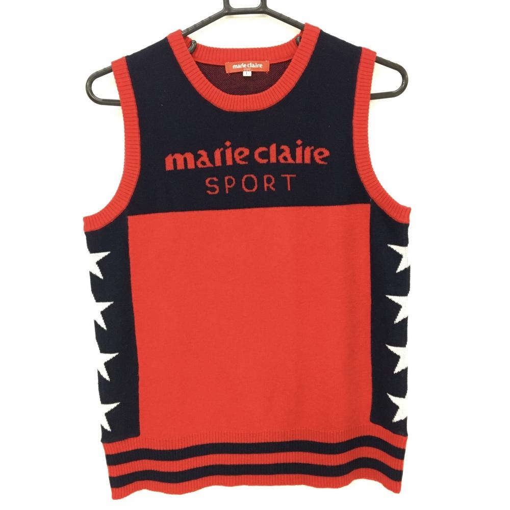 【超美品】マリクレール ニットベスト レッド×ネイビー フロントロゴ ウール混 レディース L ゴルフウェア marie claire