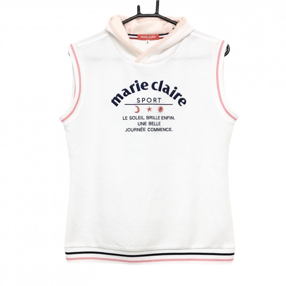 【超美品】マリクレール ベスト 白×ピンク パーカー風 フロントロゴ  レディース L ゴルフウェア marie claire