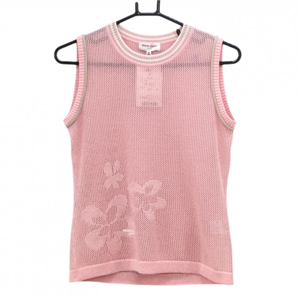 マリクレールスポール ニットメッシュベスト ピンク 左裾花柄 コットン混 紙タグ付 レディース M ゴルフウェア marie claire