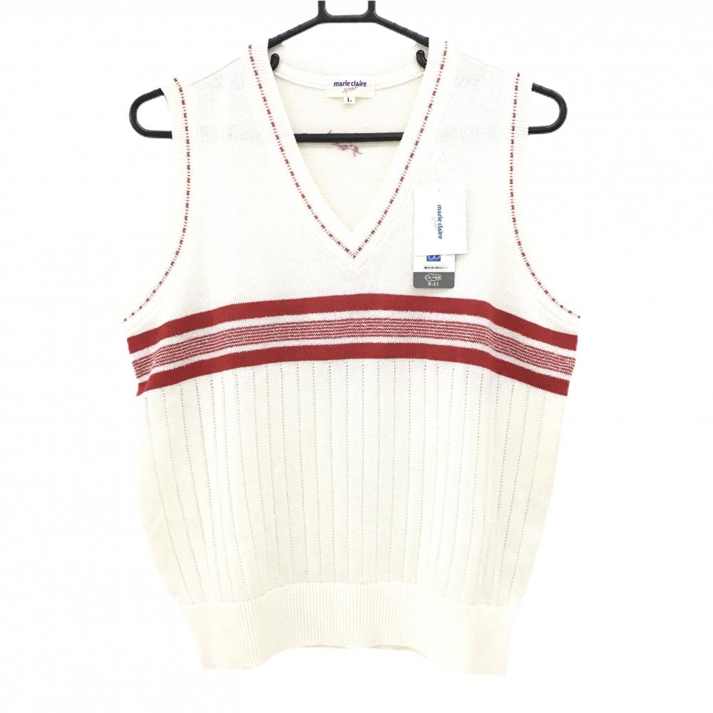 【新品】マリクレール ニットベスト アイボリー×レッド 胸ライン Vネック レディース L ゴルフウェア marie claire