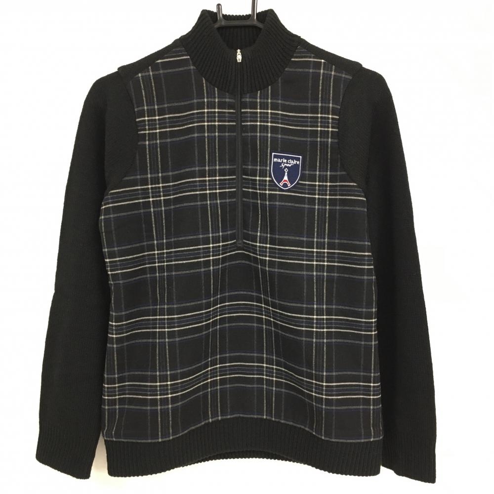 【美品】マリクレール ジャケットブルゾン 黒×白 前面チェック 背面・袖・ネックニット  レディース M ゴルフウェア marie claire