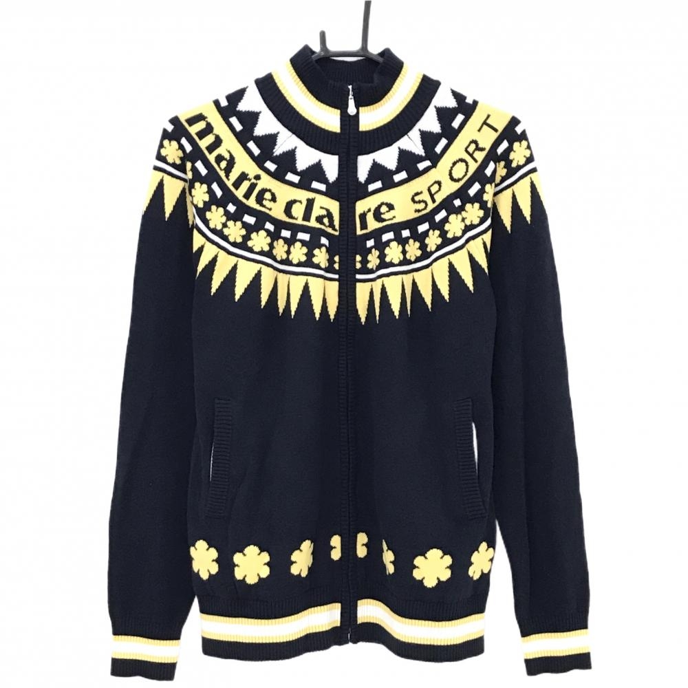 【美品】マリクレールスポール ニットジャケット ダークネイビー×イエロー 花柄 裏地付き  レディース L ゴルフウェア marie claire