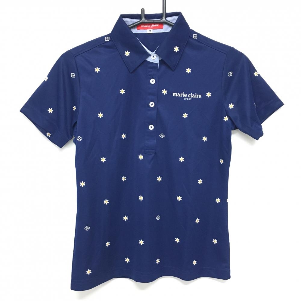 【美品】マリクレール 半袖ポロシャツ ネイビー×白 花刺しゅう総柄  レディース M ゴルフウェア marie claire