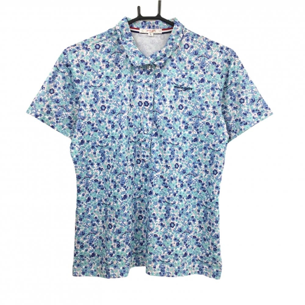 【超美品】マリクレールスポール 半袖ポロシャツ 白×ミントグリーン×スモーキーブルー 花柄  レディース L ゴルフウェア marie claire