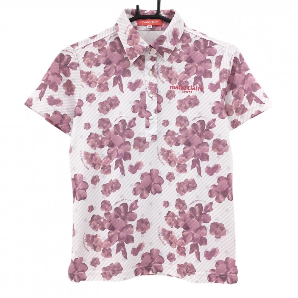【超美品】マリクレールスポール 半袖ポロシャツ ピンク×白 花柄 ストライプ スナップボタン レディース M ゴルフウェア marie claire
