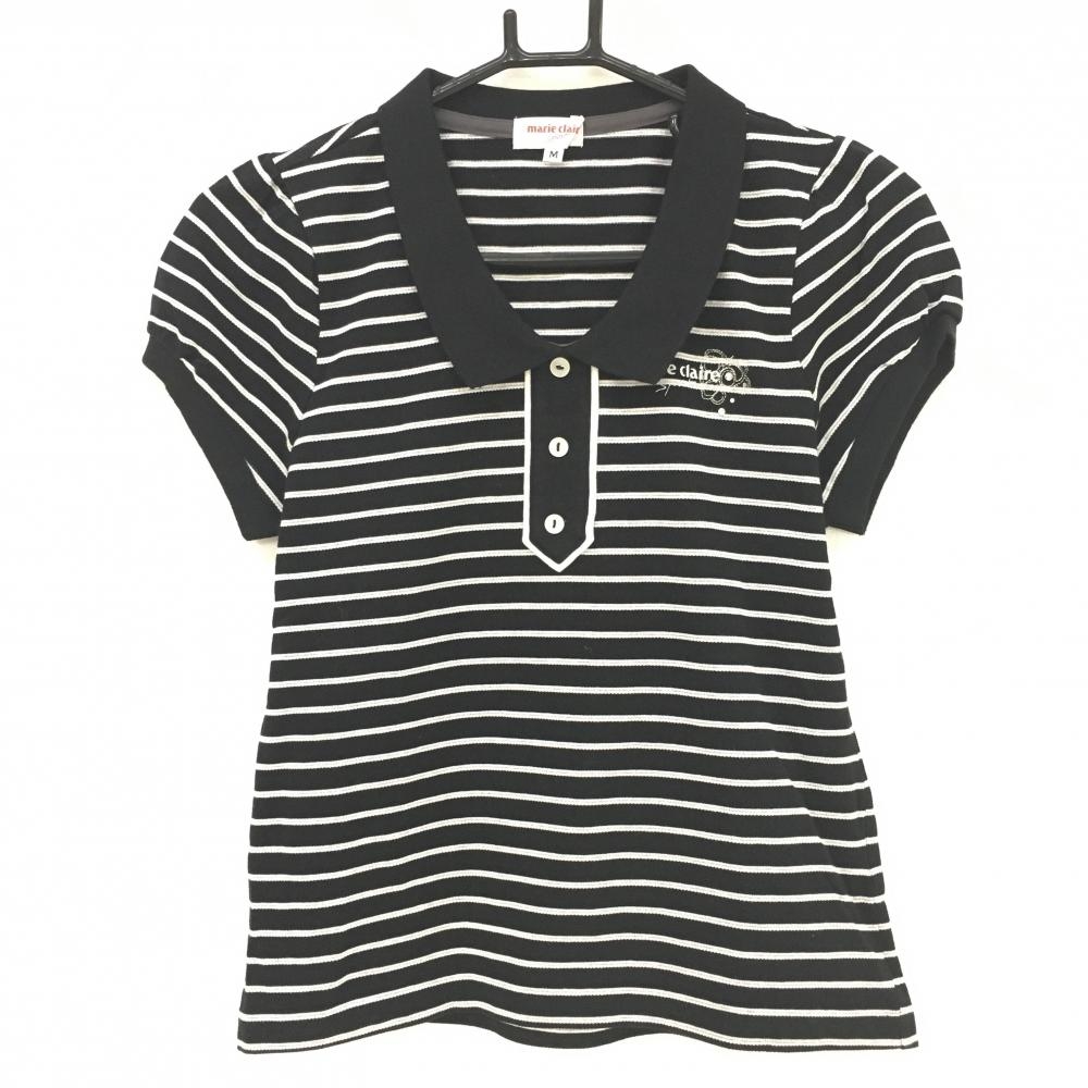 マリクレールスポール 襟付半袖シャツ 黒×白 ラメ糸 ロゴラインストーン 飾りボタン レディース M ゴルフウェア marie claire