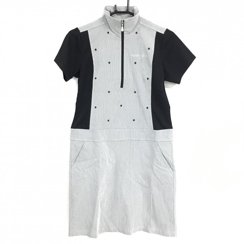 【超美品】マリクレール 半袖ハイネックワンピース 黒×白 細ストライプ 前上部花柄 ハーフジップ レディース M ゴルフウェア marie claire