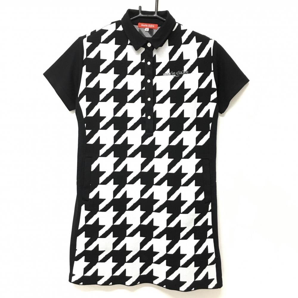 【超美品】マリクレールスポール 半袖ポロワンピース 黒×白 千鳥柄 ニット生地 切替 レディース M ゴルフウェア marie claire
