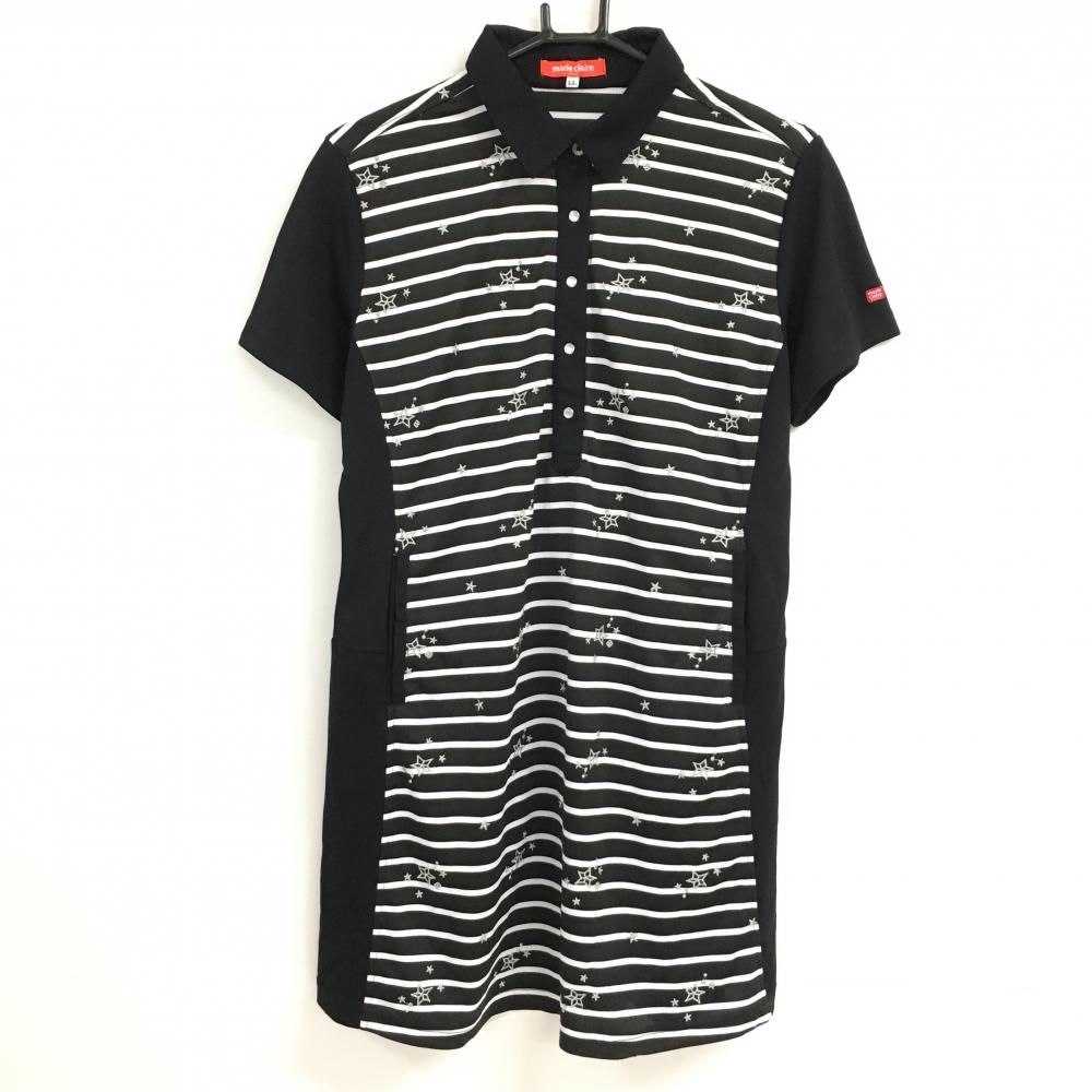 【超美品】マリクレールスポール 半袖ポロワンピース 黒×白 一部ボーダー 星刺しゅう  レディース LL ゴルフウェア marie claire