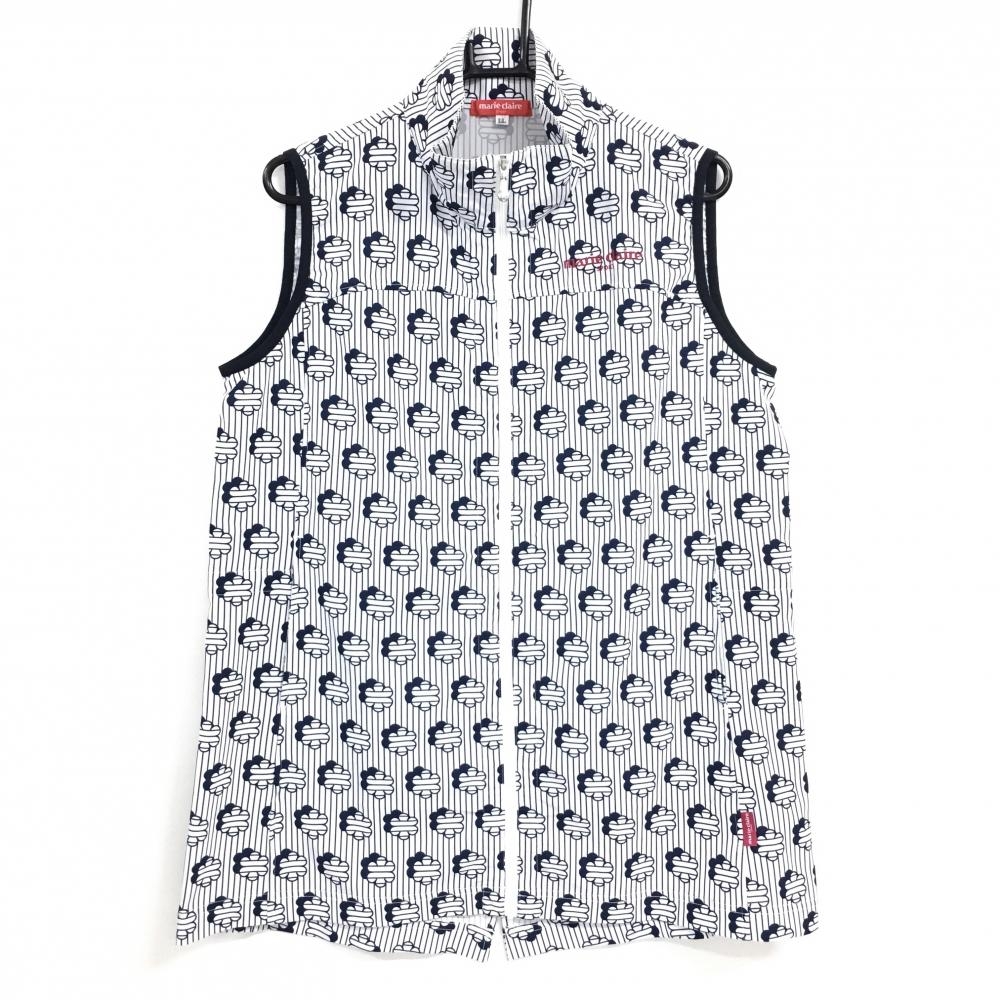 【超美品】マリクレールスポール ノースリーブワンピース 白×ネイビー 花柄 ストライプ レディース LL ゴルフウェア marie claire