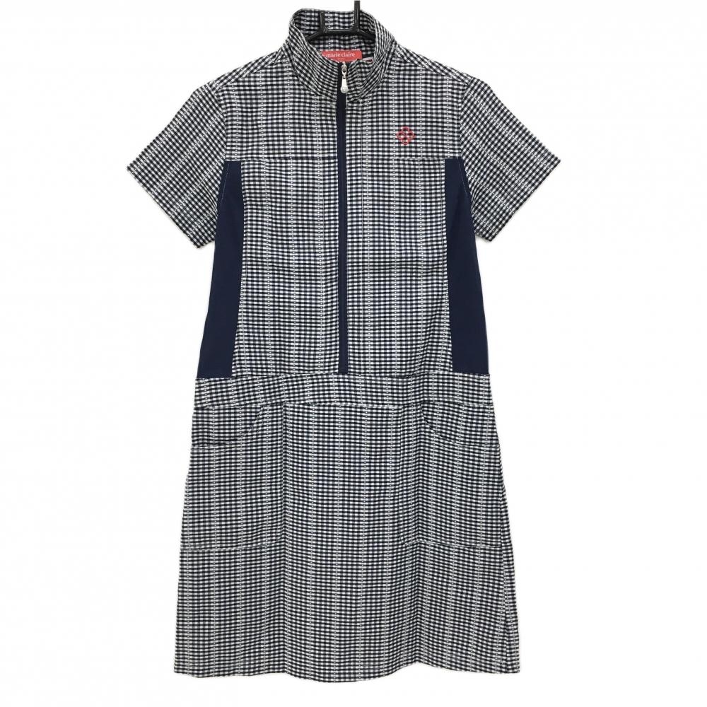 【超美品】マリクレールスポール 半袖ハイネックワンピース 白×ネイビー チェック柄 レディース M ゴルフウェア marie claire