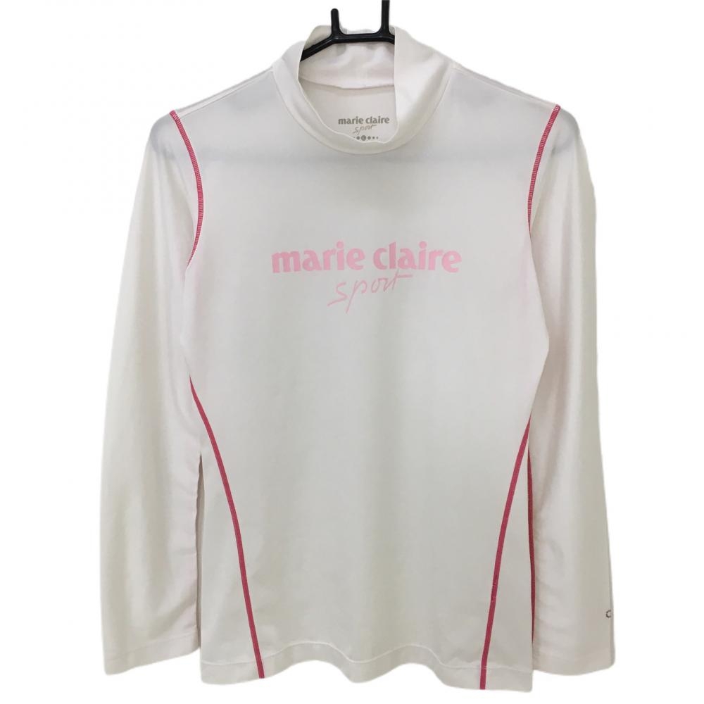 【超美品】マリクレールスポール 長袖ハイネックインナーシャツ 白×ピンク ロゴプリント レディース L ゴルフウェア marie claire 画像