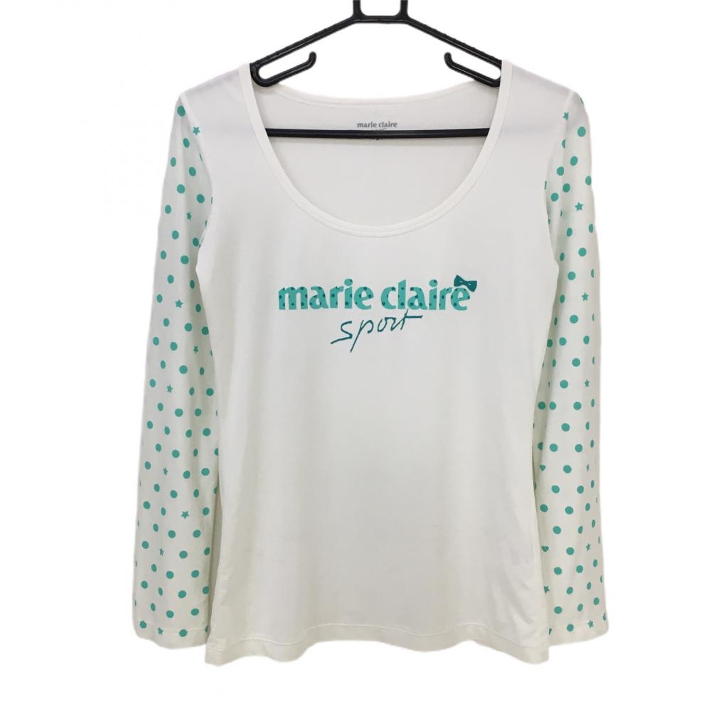 【美品】マリクレールスポール インナーシャツ 白×グリーン 袖ドット・星柄 ストレッチ レディース L ゴルフウェア marie claire 画像