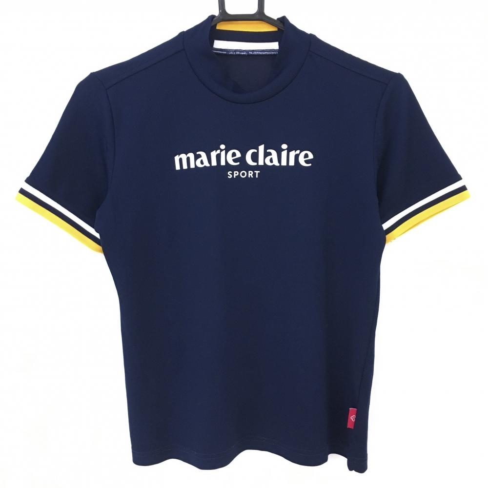 マリクレール 半袖ハイネックシャツ ネイビー×イエロー リブボーダー フロントロゴ  レディース L ゴルフウェア marie claire 画像