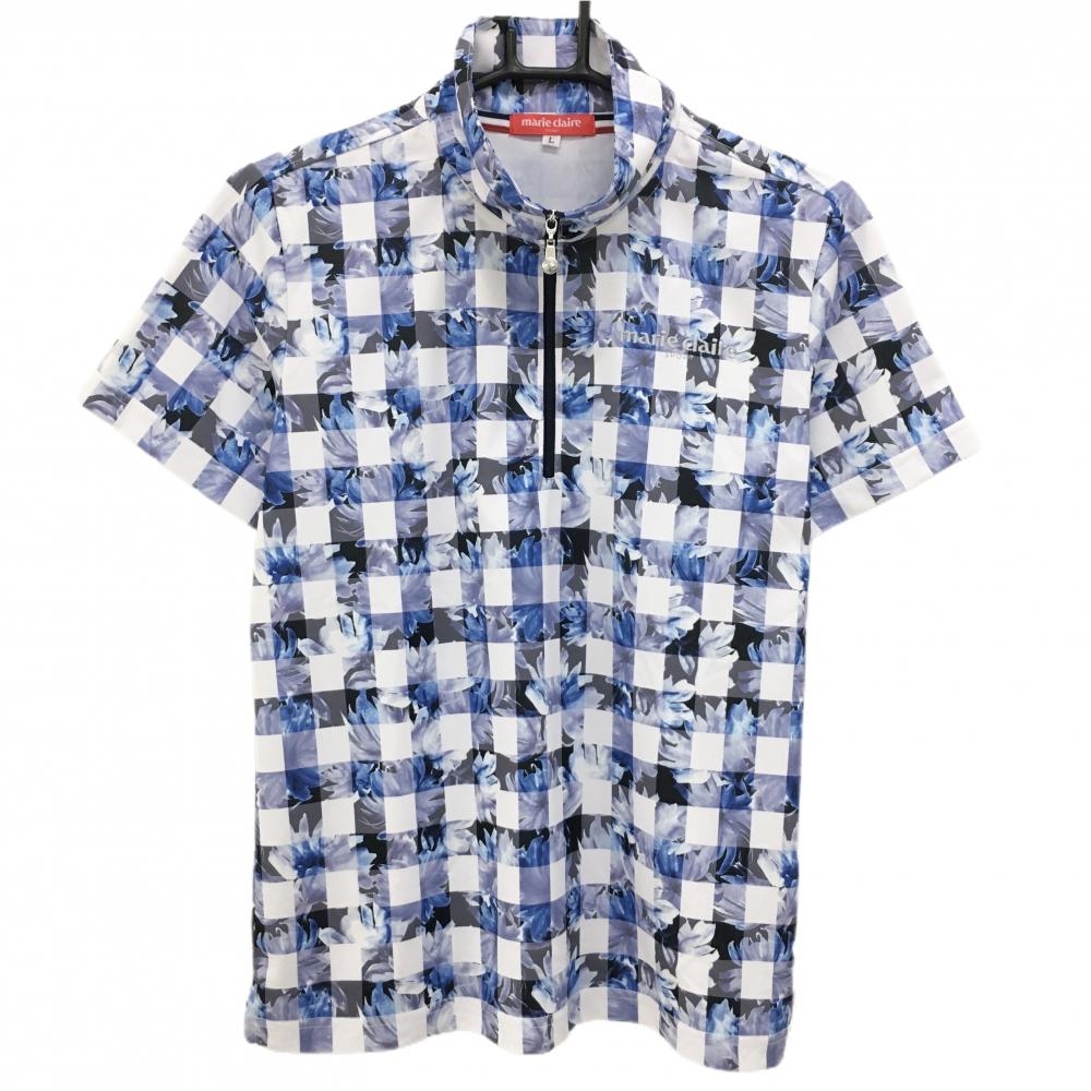 【超美品】マリクレール 半袖ハイネックシャツ ブルー×パープル×白 ブロックチェック 花柄  レディース L ゴルフウェア marie claire