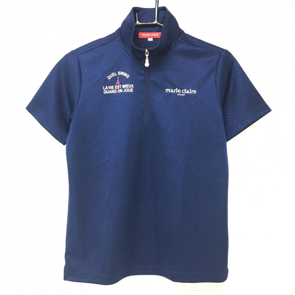 【超美品】マリクレール 半袖ハイネックシャツ ネイビー ブロックチェック織生地 ハーフジップ レディース L ゴルフウェア marie claire
