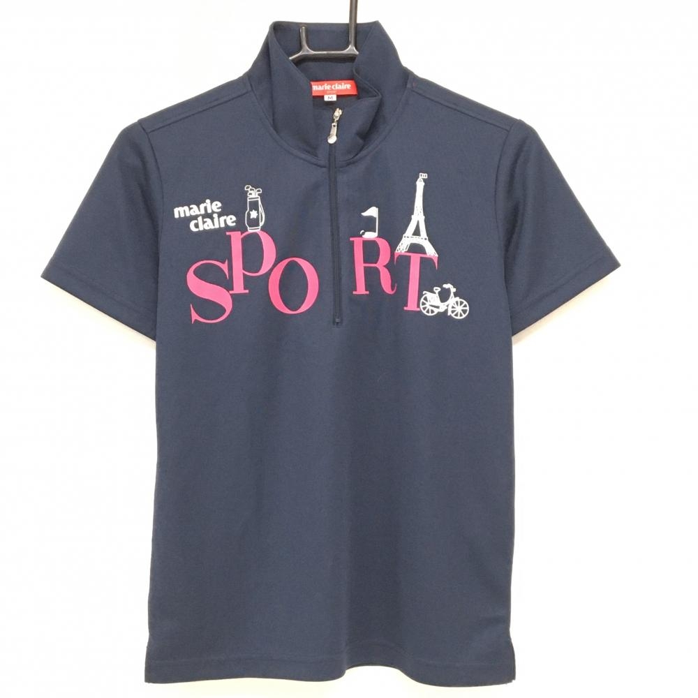 【超美品】マリクレールスポール 半袖ハイネックシャツ ネイビー×ピンク ハーフジップ レディース M ゴルフウェア marie claire