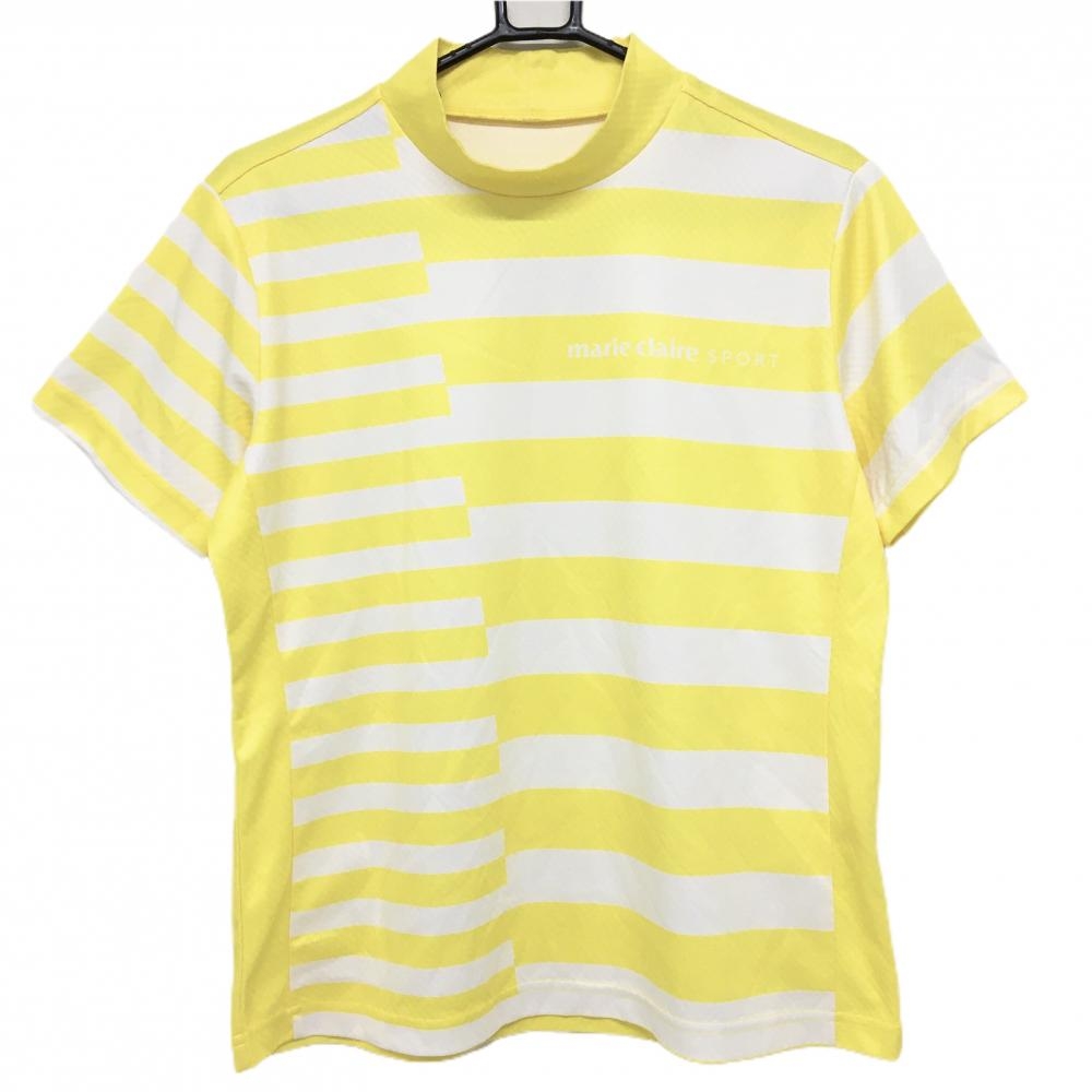 【超美品】マリクレールスポーツ 半袖ハイネックシャツ イエロー×白 ボーダー スクエア地模様  レディース LL ゴルフウェア marie claire