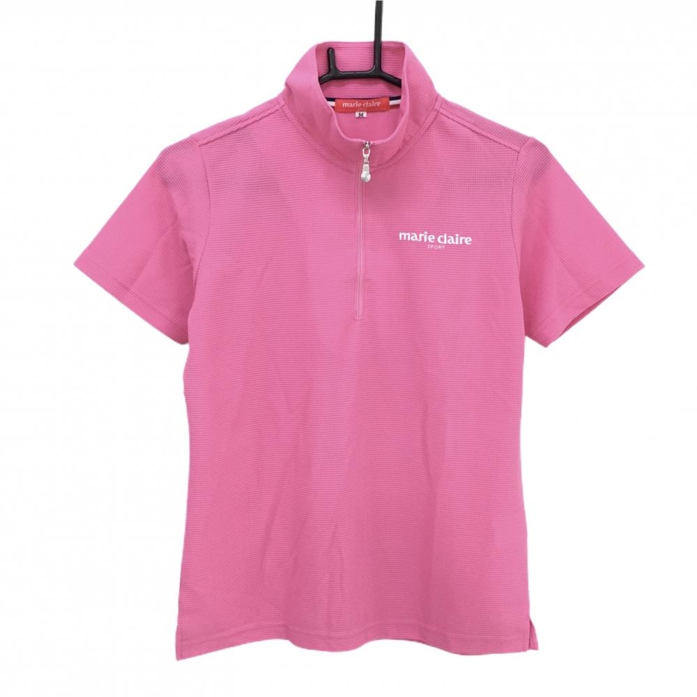 【美品】マリクレールスポール 半袖ハイネックシャツ ピンク 凸凹織 ロゴ刺しゅう ハーフジップ レディース M ゴルフウェア marie claire