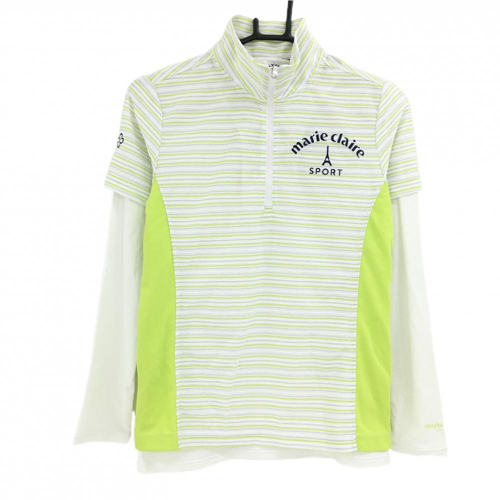 【新品】マリクレールスポール インナーシャツ付半袖ハイネックシャツ 白×ライトグリーン レディース M ゴルフウェア marie claire