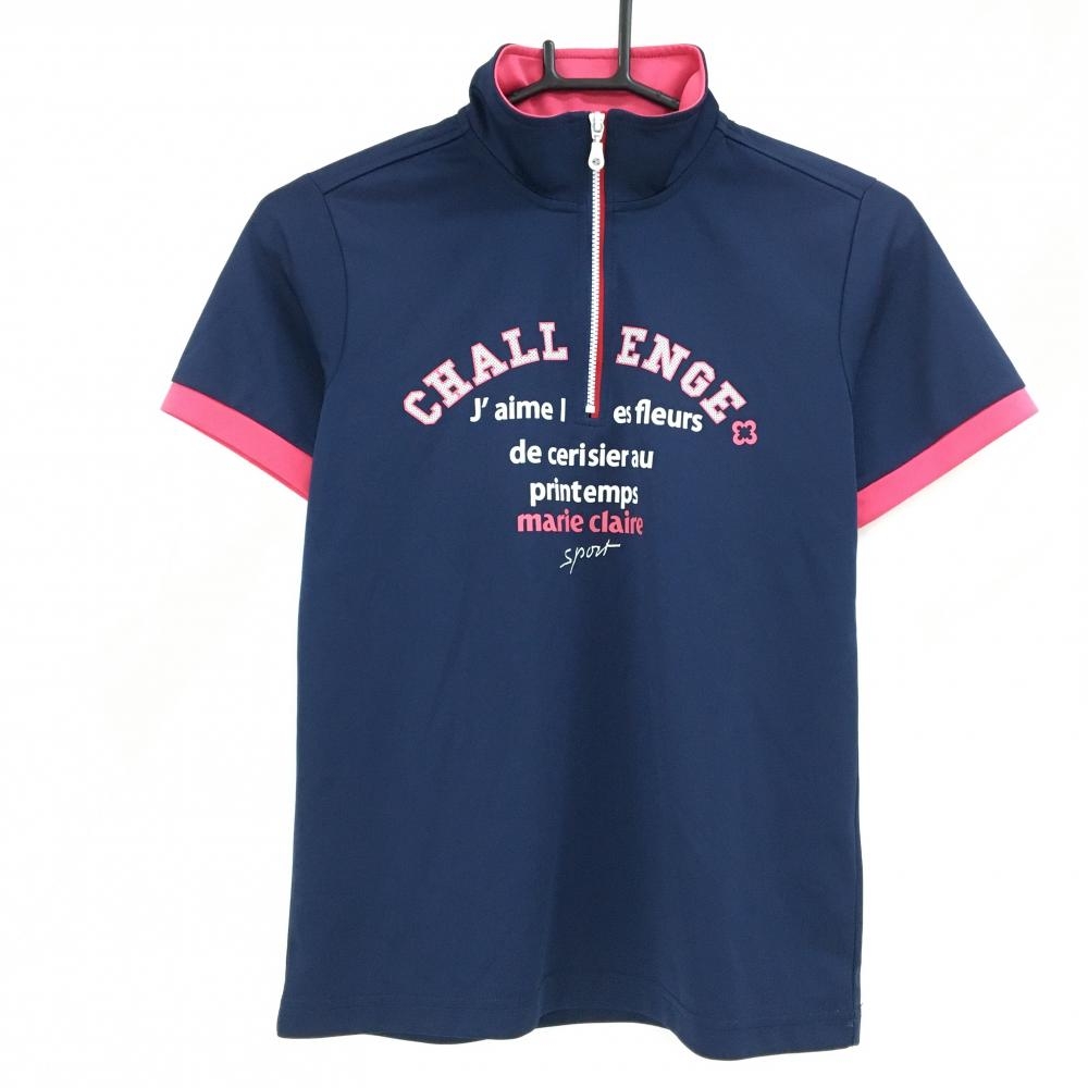 【超美品】マリクレールスポール 半袖ハイネックシャツ ネイビー×ピンク ハーフジップ レディース M ゴルフウェア marie claire