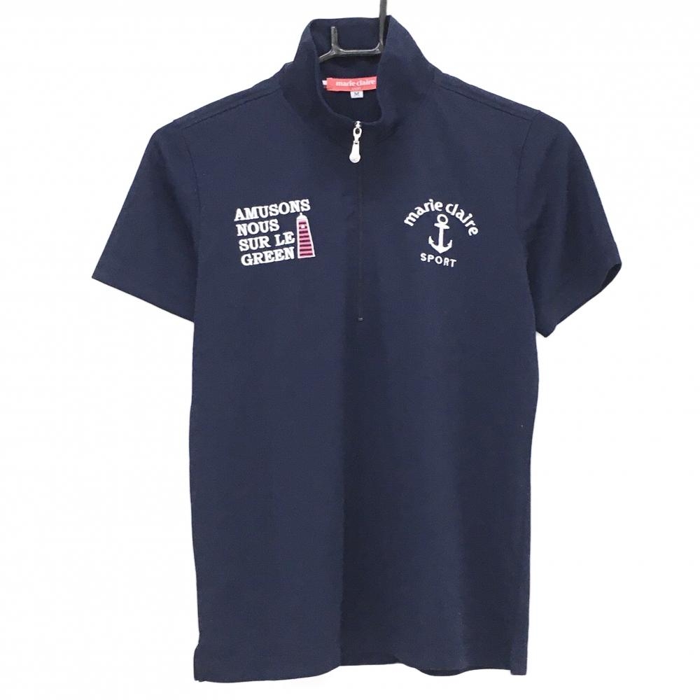 【超美品】マリクレールスポール 半袖ハイネックシャツ ネイビー×白 ロゴ刺しゅう ハーフジップ レディース M ゴルフウェア marie claire