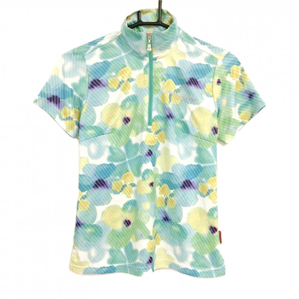 【超美品】マリクレールスポール 半袖ハイネックシャツ 白×グリーン 花柄 ハーフジップ レディース M ゴルフウェア marie claire