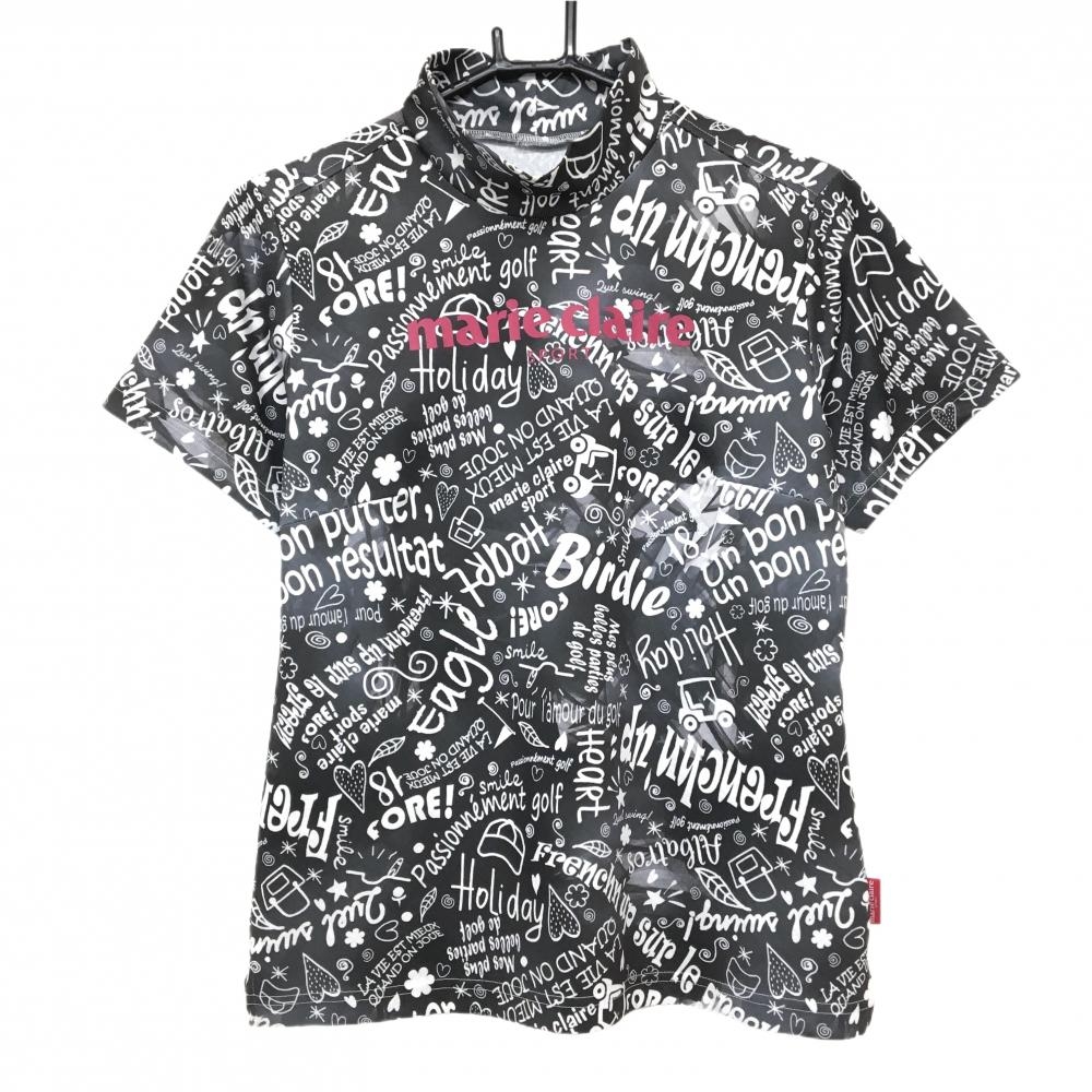 【美品】マリクレールスポール 半袖ハイネックシャツ ダークグレー×白 総柄 フロントロゴ レディース L ゴルフウェア marie claire