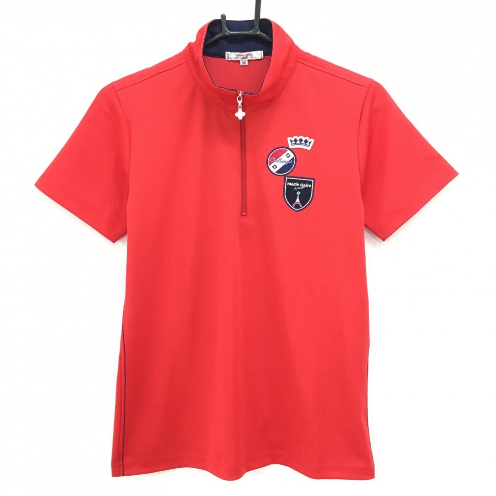 【超美品】マリクレール 半袖ハイネックシャツ レッド×ネイビー ハーフジップ 複数ワッペン レディース M ゴルフウェア marie claire