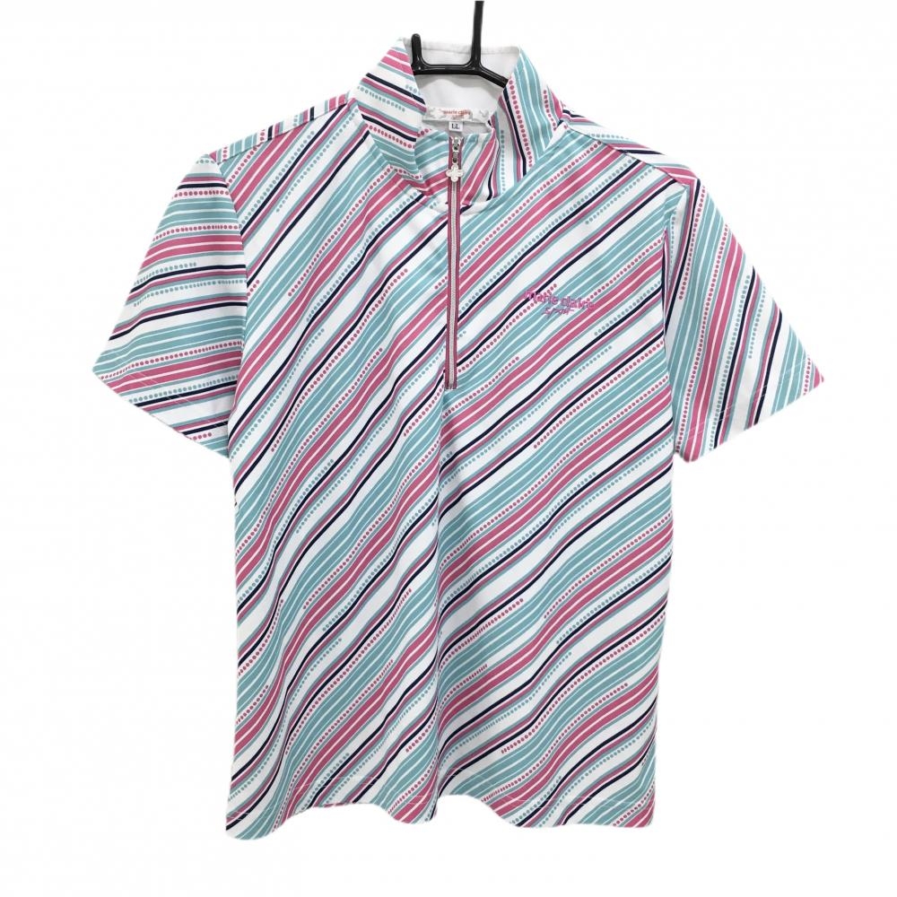 【美品】マリクレールスポール 半袖ハイネックシャツ ミントブルー×ピンク 斜めストライプ レディース LL ゴルフウェア marie claire