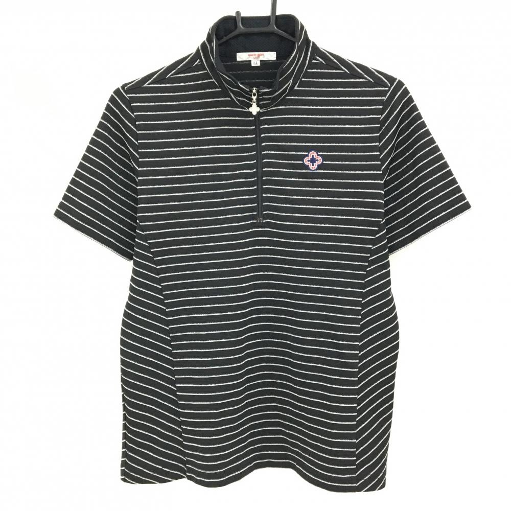 【超美品】マリクレールスポール 半袖ハイネックシャツ 黒×ライトグレー 細ボーダー ラメ レディース LL ゴルフウェア marie claire