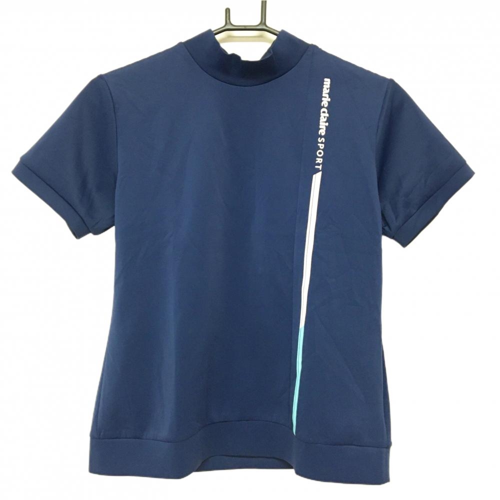【美品】マリクレールスポール 半袖ハイネックシャツ ネイビー×白 胸元ロゴ レディース M ゴルフウェア marie claire